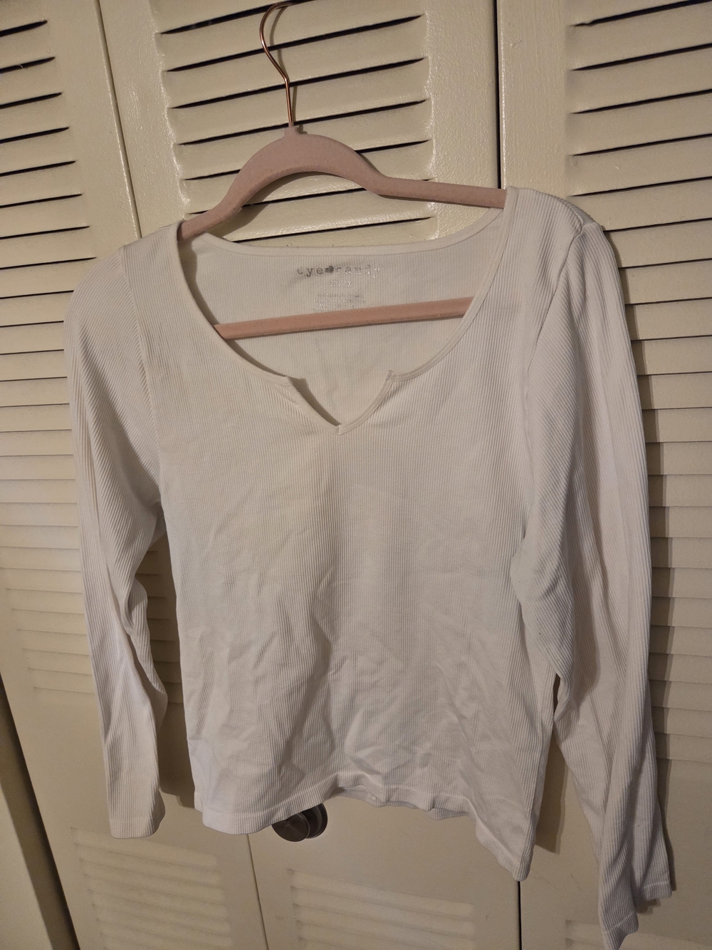 eye candy White Ribbed Long-Sleeve Top with V-Notch